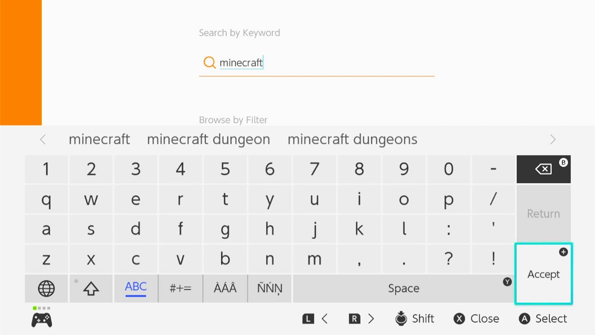 entering the keyword minecraft in the search tab of the nintendo switch eshop