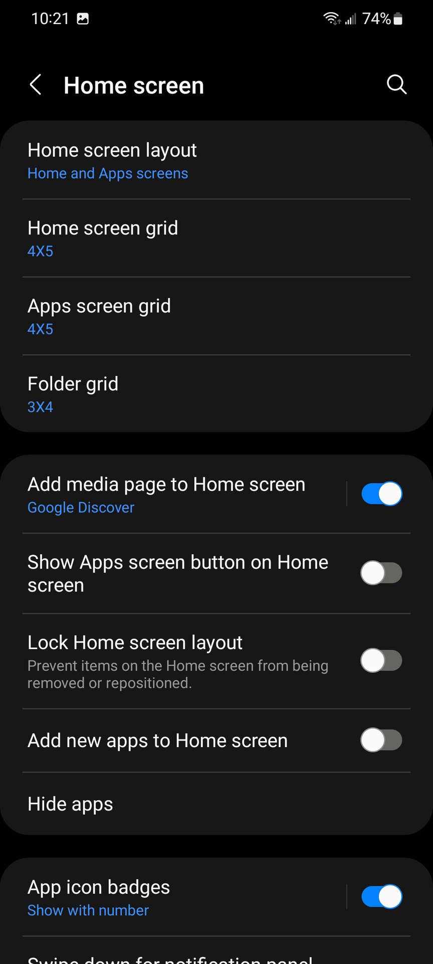 Single UI home screen settings