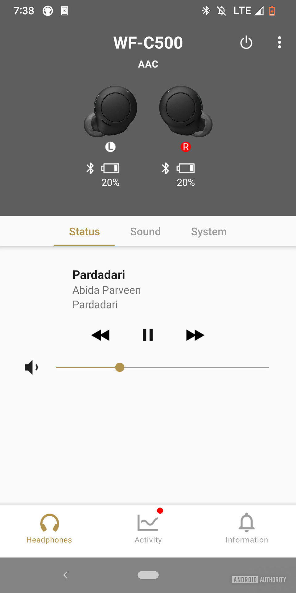 The Sony Headphones Connect app with the WF-C500 connected showing the Sound tab with the song "Pardadari" by Abida Parveen playing, playback controls visible, the battery life of earch earbud, and the Bluetooth codec the earbuds are using all shown.
