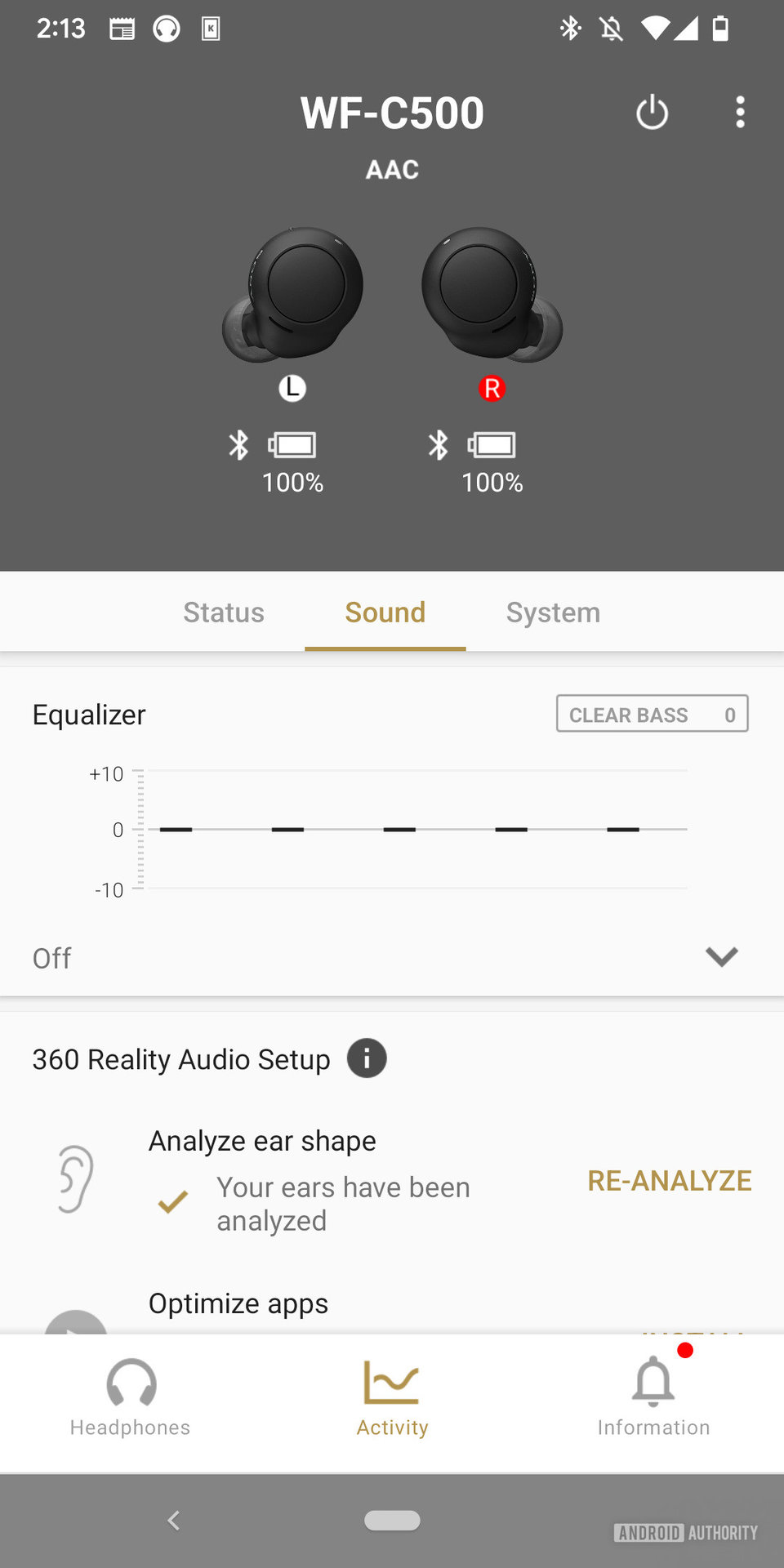 The Sony Headphones Connect app with the WF-C500 connected showing the Sound tab with the custom equalizer open and the the option for ear scanning visible.
