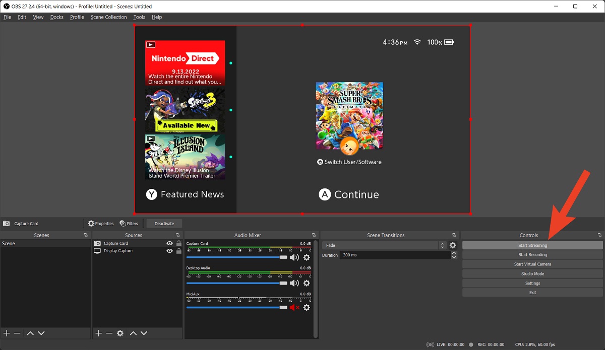 start streaming nintendo switch obs