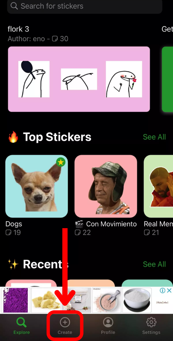 Top sticker app create button