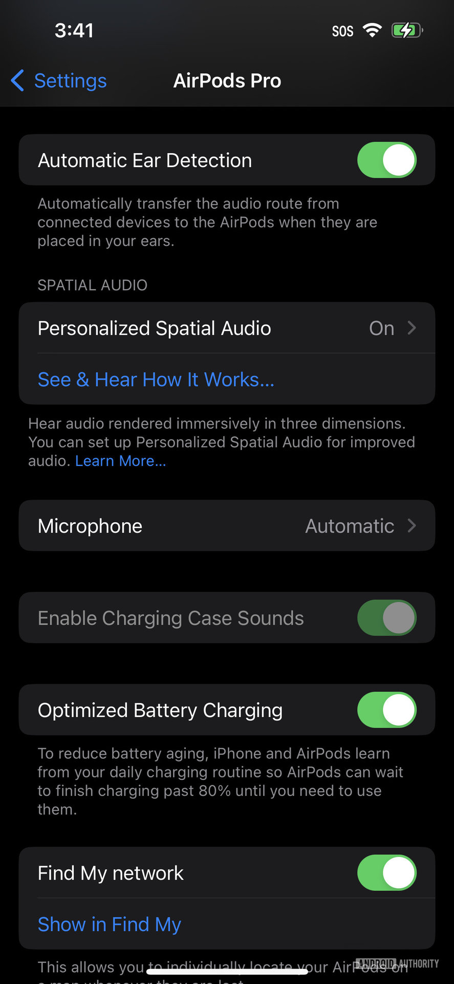 A screenshot of the AirPods Pro 2 settings page in the iPhone Settings app showing the middle portion.