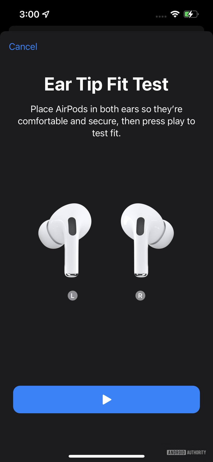 A screenshot of the AirPods Pro 2 settings page in the iPhone Settings app showing the ear tip fit test.