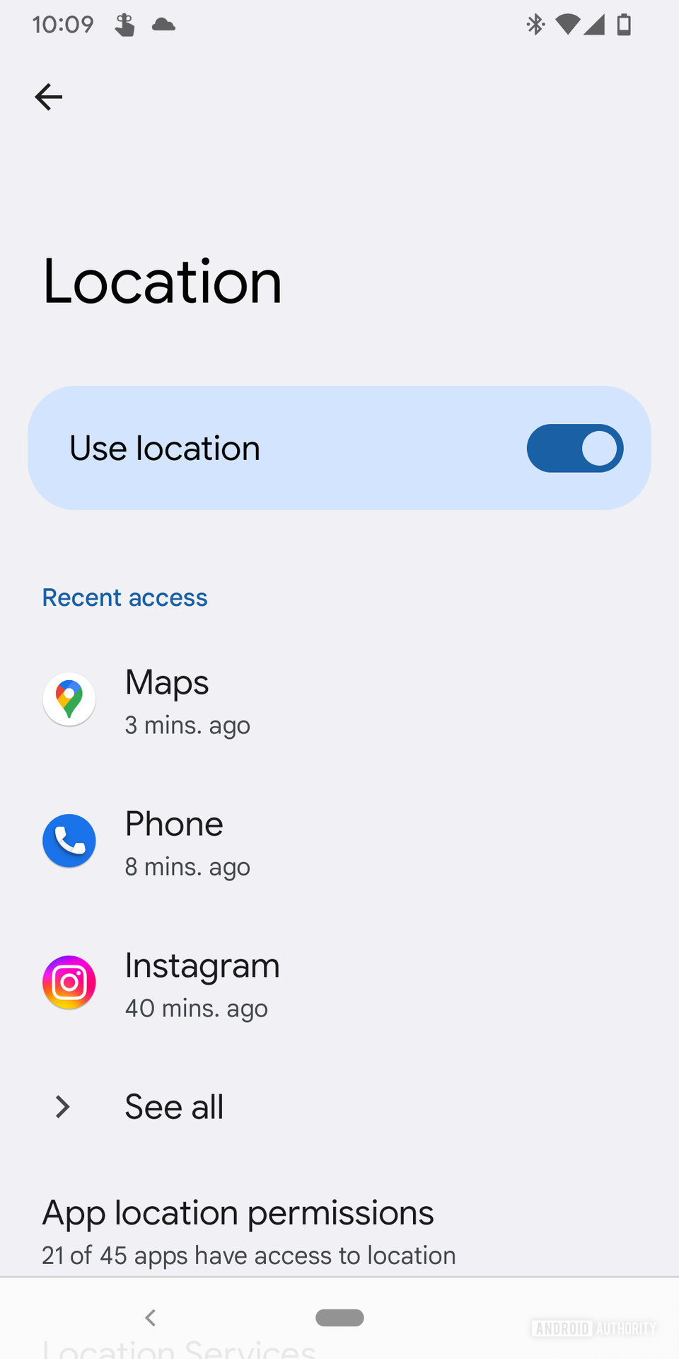 A screenshot of Android 12's location services settings page.