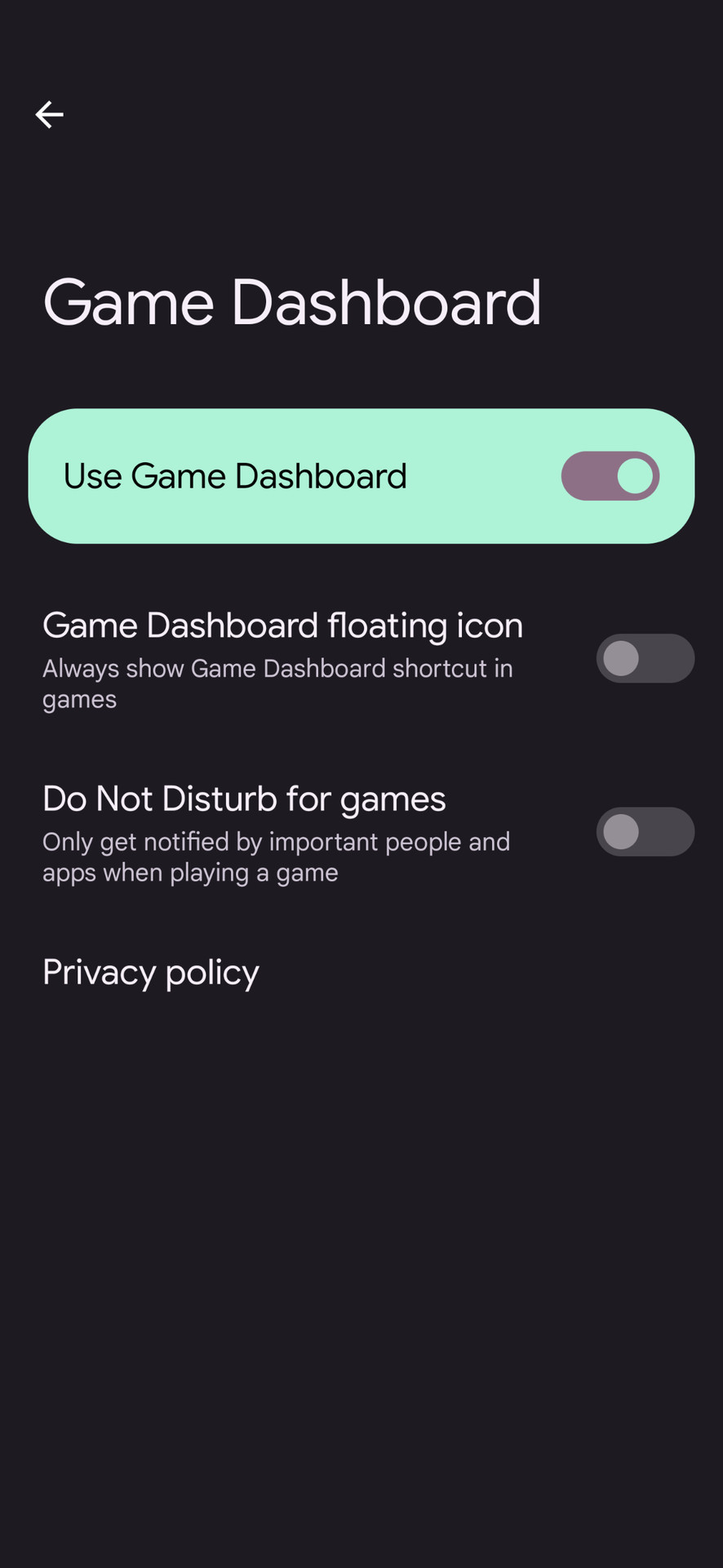 Android Game Dashboard settings
