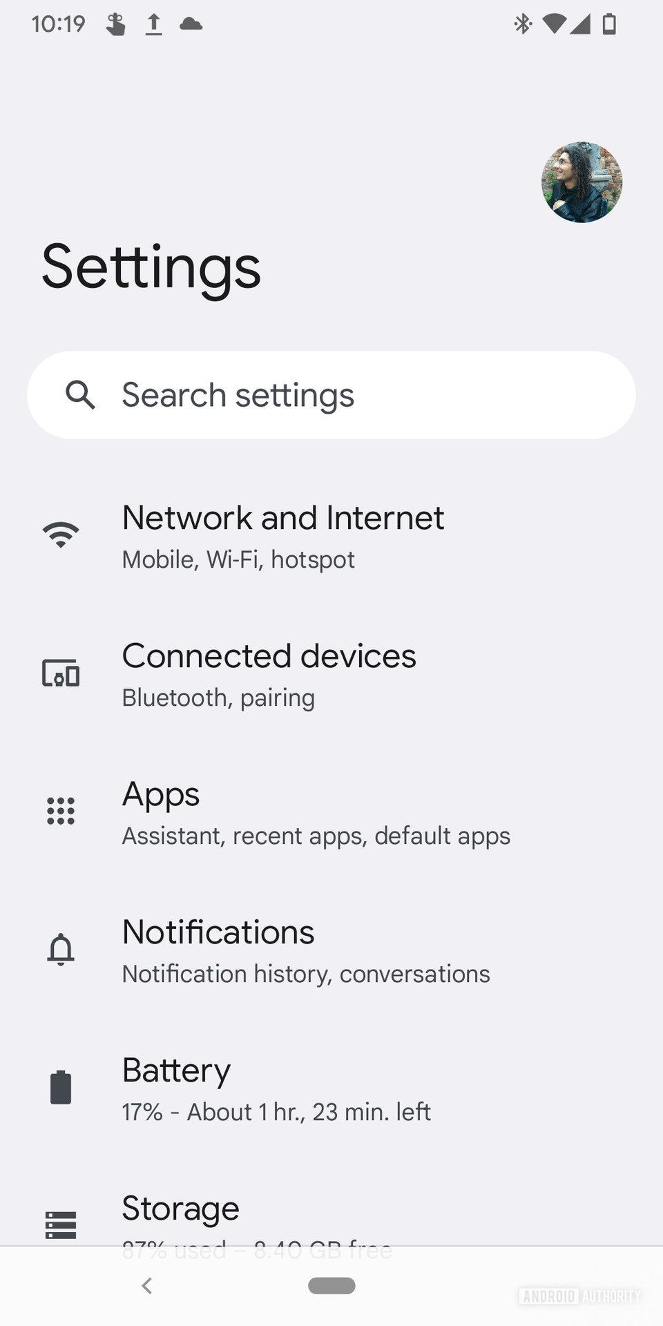 A screenshot of Android 12's settings menu.