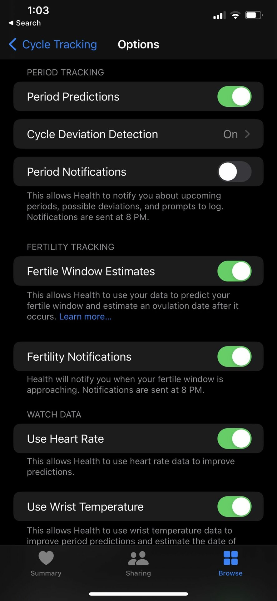 Apple Watch Cycle Tracking Options