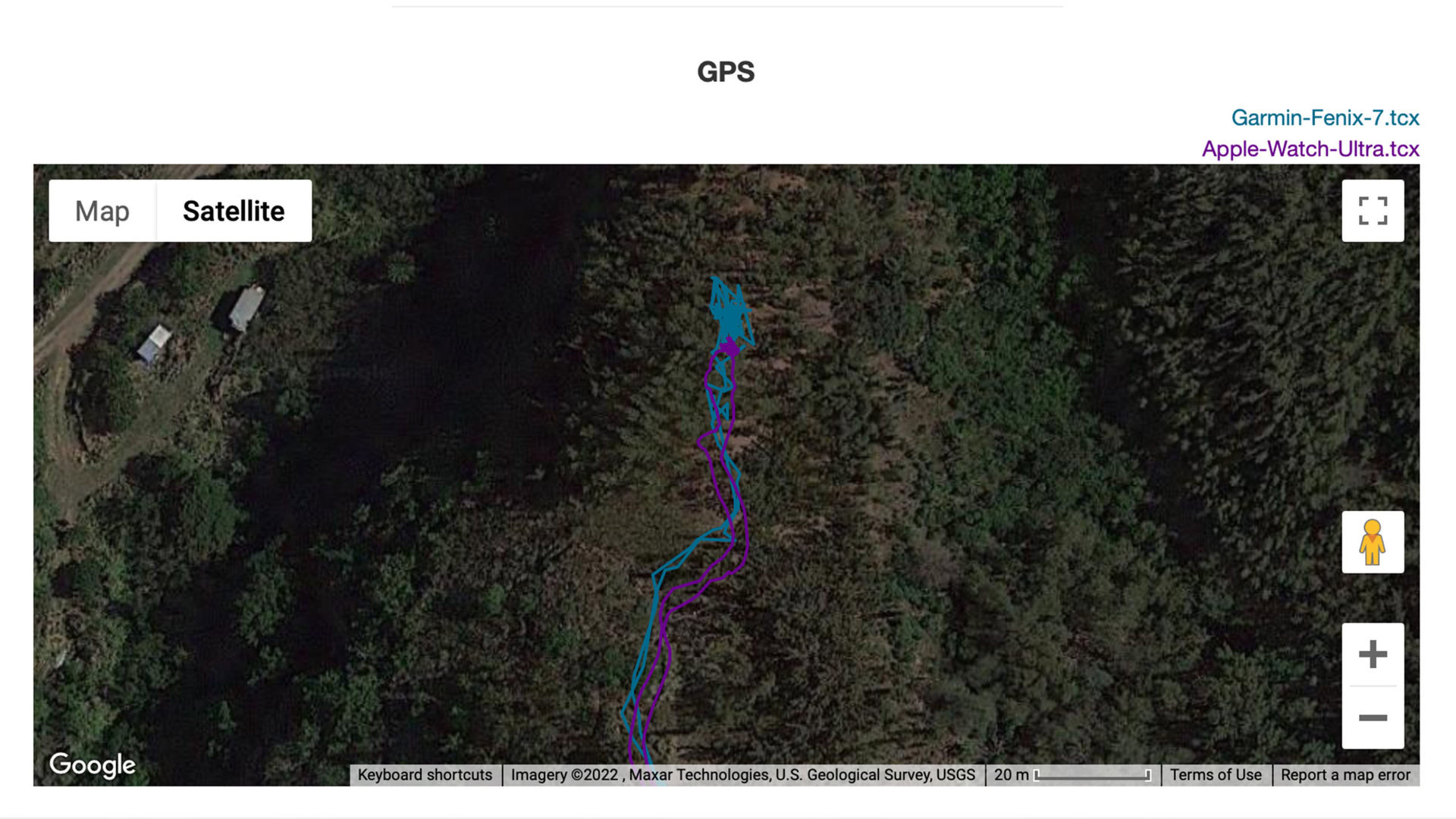 GPS data shows an Apple Watch Ultra tracing the route of an out-and-back hike.