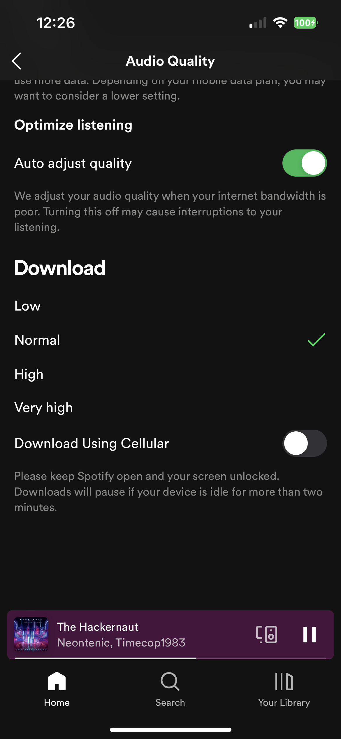 Audio Quality settings in the Spotify iPhone app