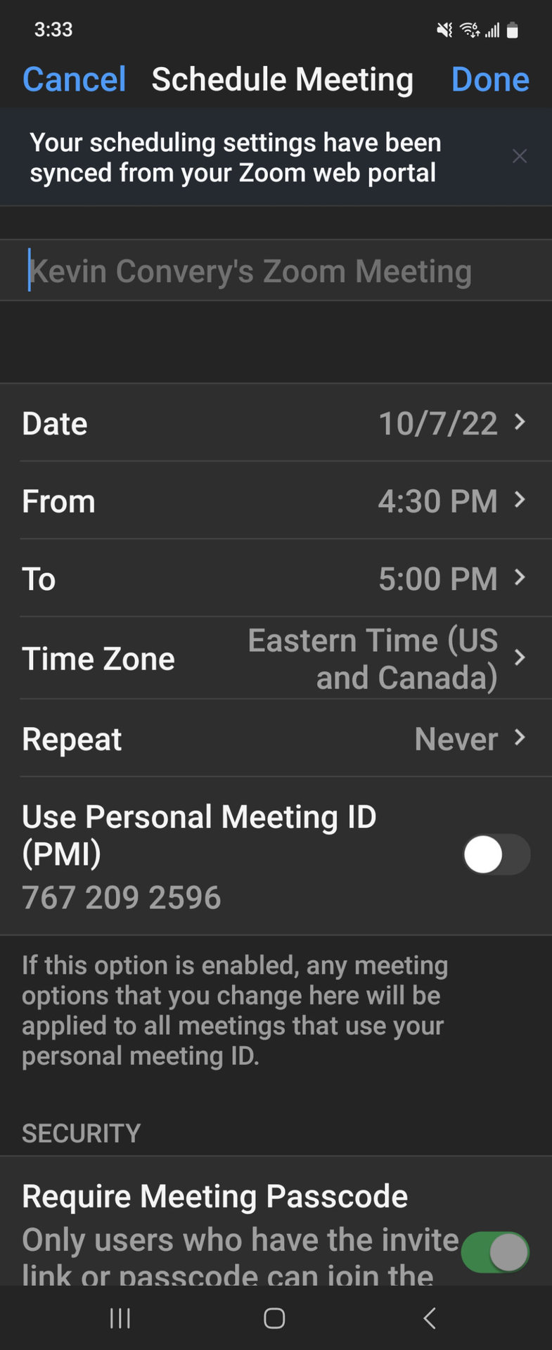 Scheduled Meeting Basic Parameters