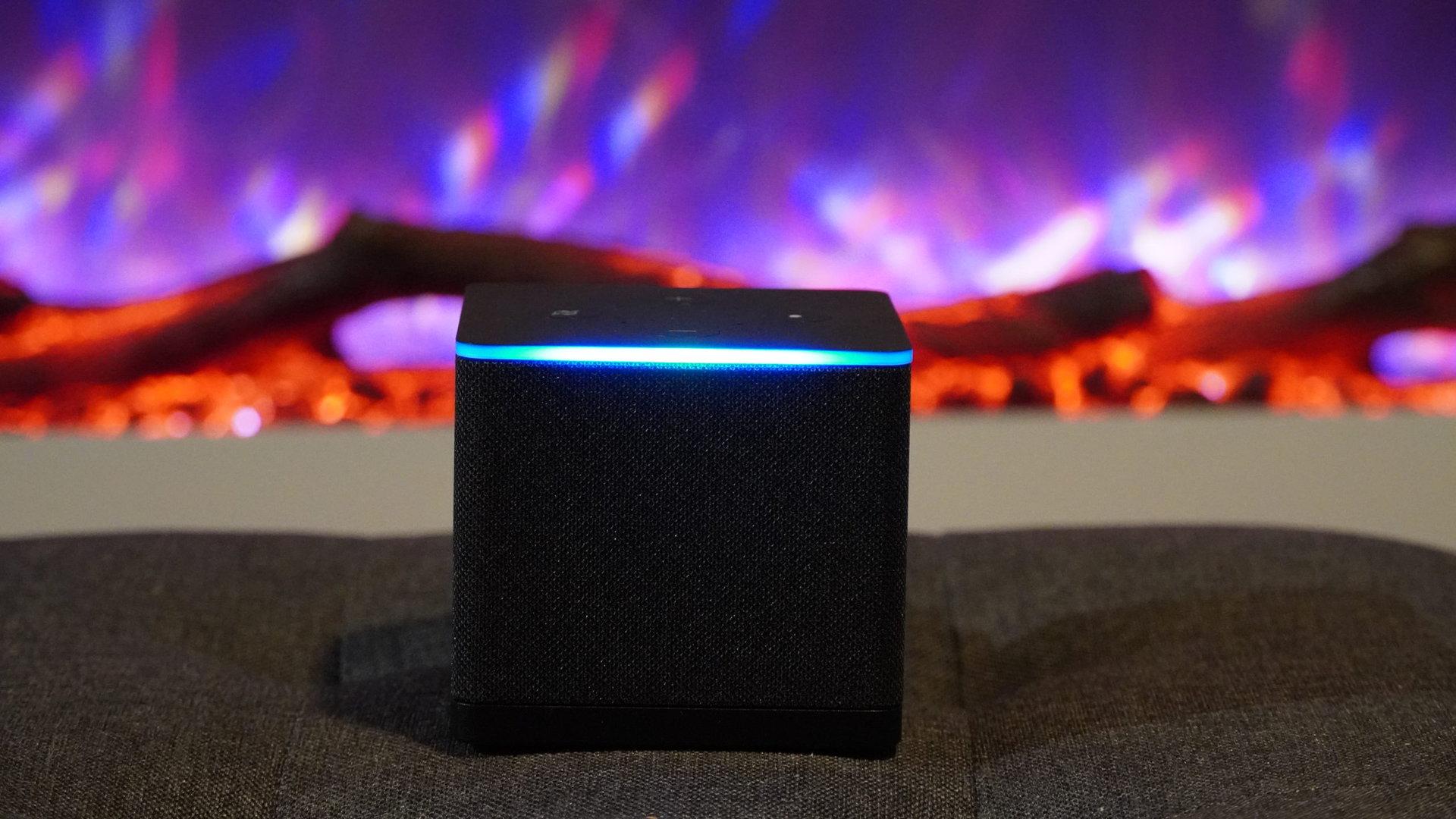 Amazon Fire TV Cube (3rd gen) showing blue Alexa light
