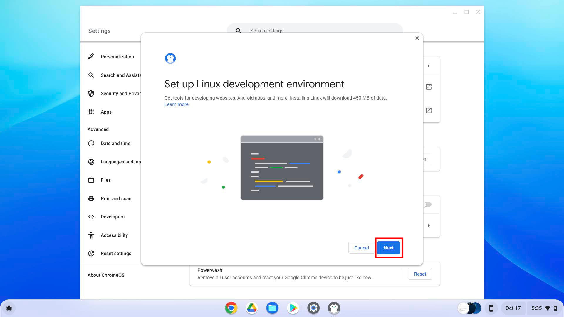 Enable Linux apps on Chromebook device 2