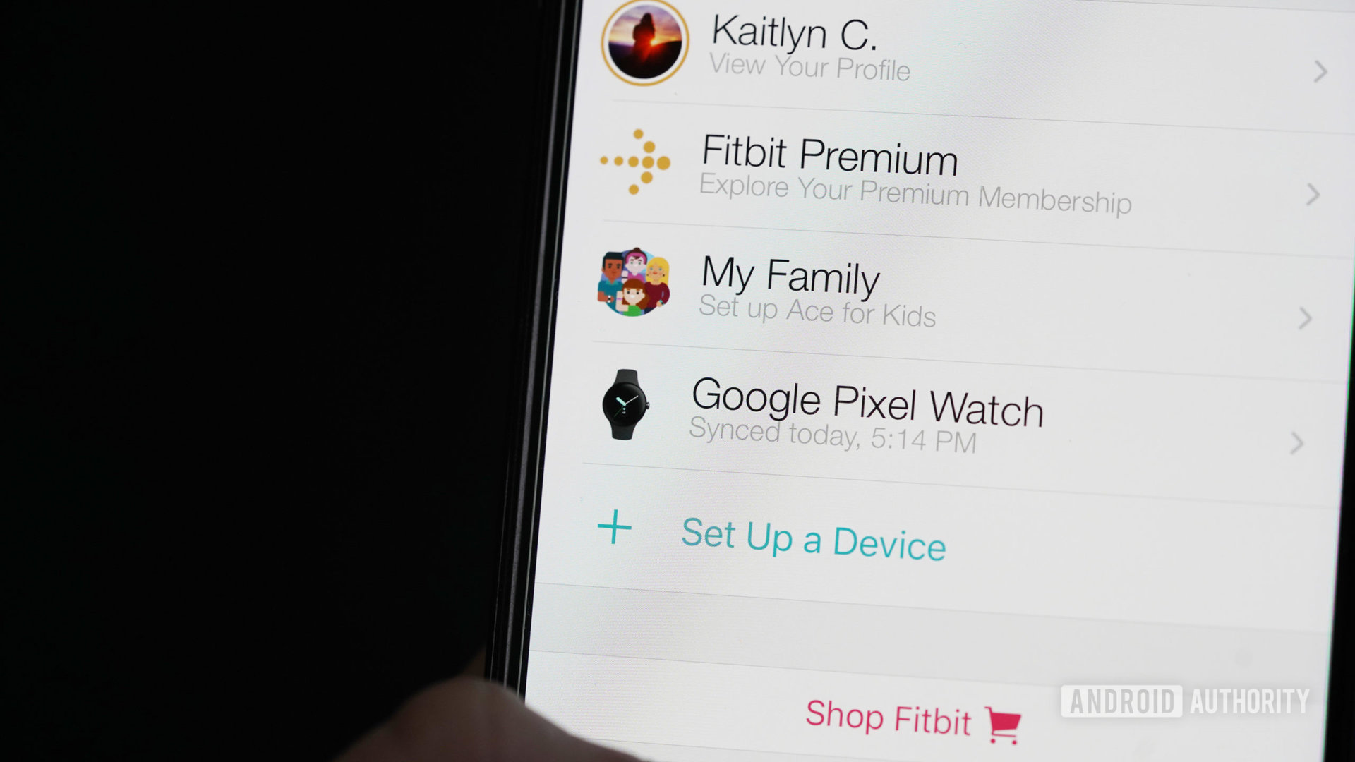 A Samsung Galaxy A51 displays a Fitbit user's Account screen.