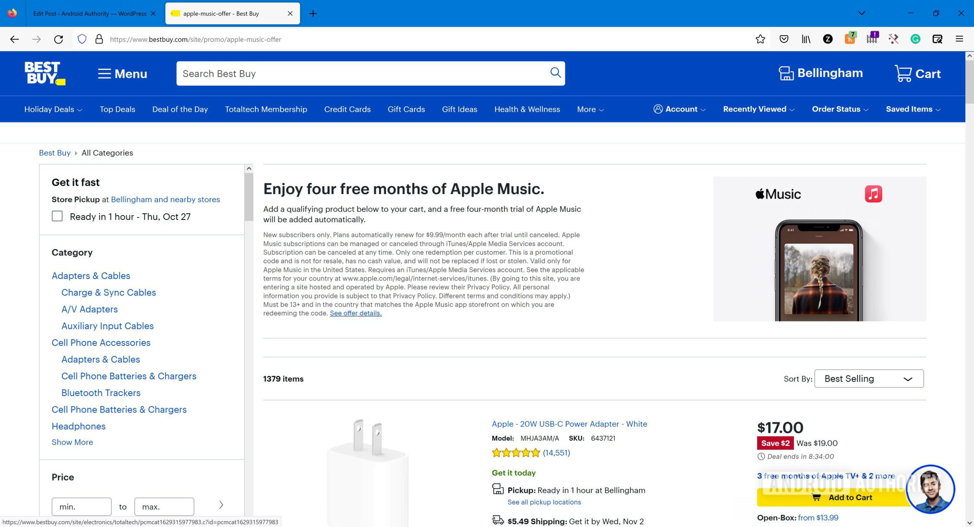 A screenshot of the Best Buy page listing products eligible to receive a free four-month Apple Music subscription upon purchase.