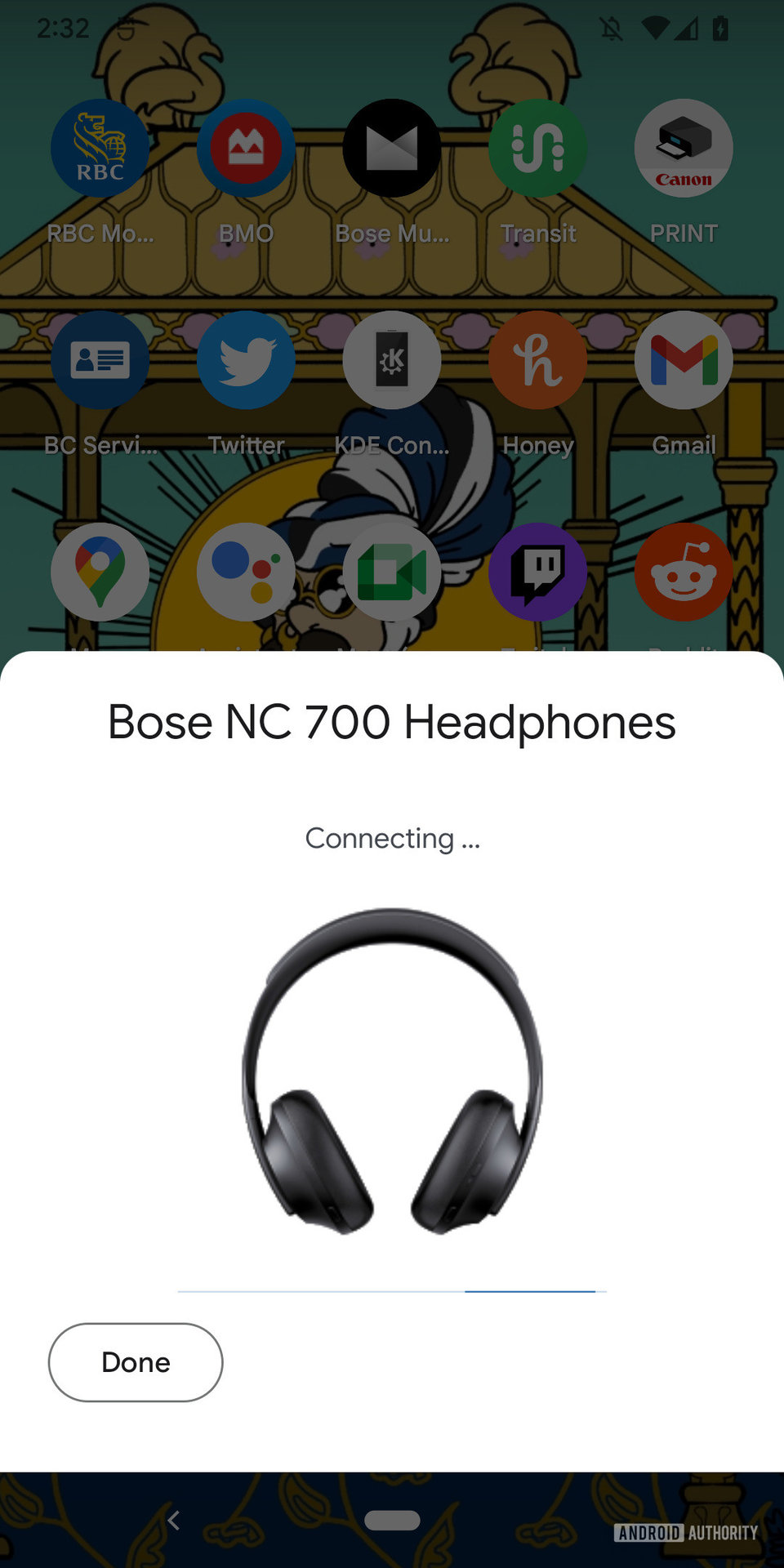 A screenshot of the Google Fast Pair pop up for the Bose Noise Cancelling Headphones 700 with a progress bar showing connection is in progress and a "Done" button visible.