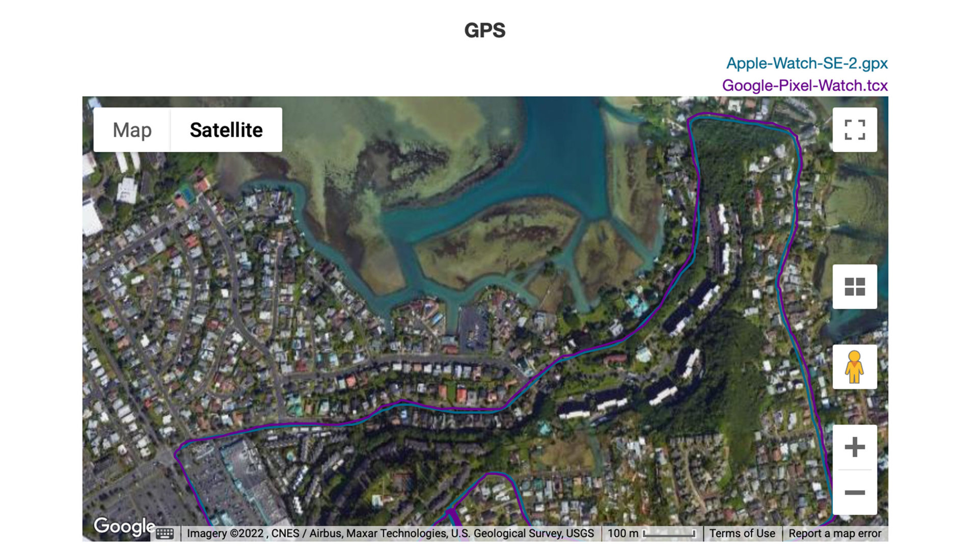 A GPS map shows a Google Pixel Watch running route compared to that of an Apple Watch SE 2.