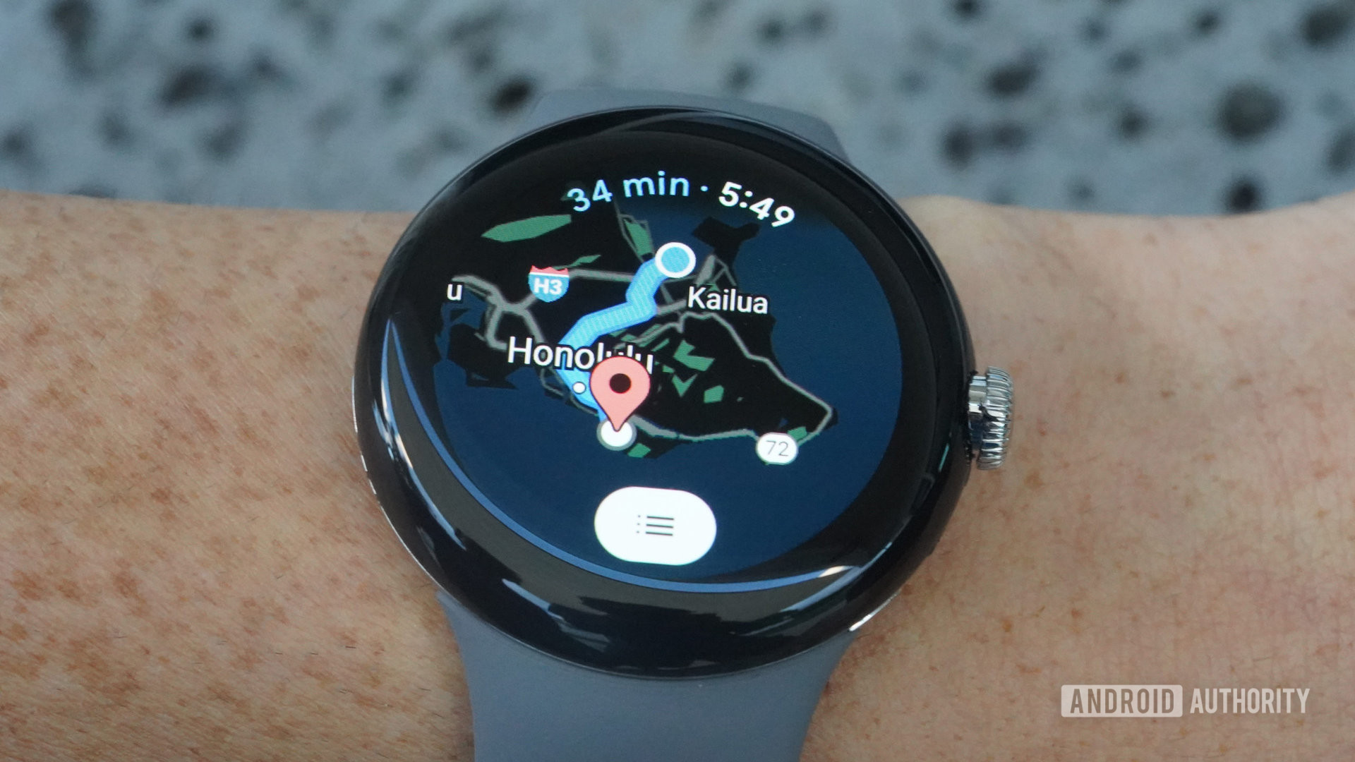 A Google Pixel Watch displays directions in the Google Maps app.