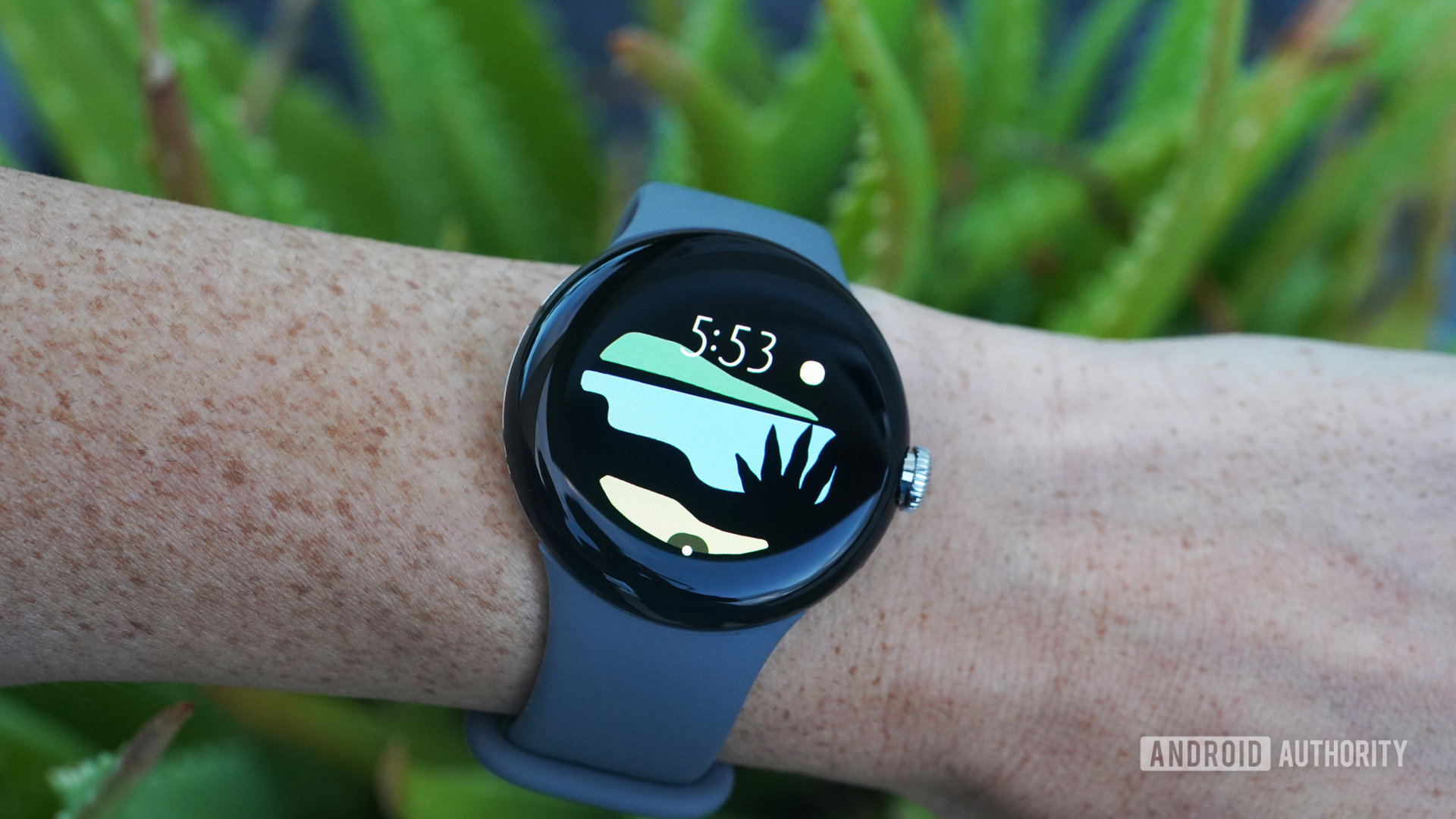 A Google Pixel Watch on a user's wrist displays the Vista watch face.