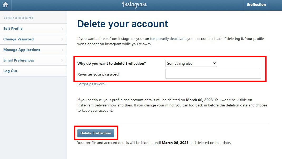 How to delete Instagram account on web