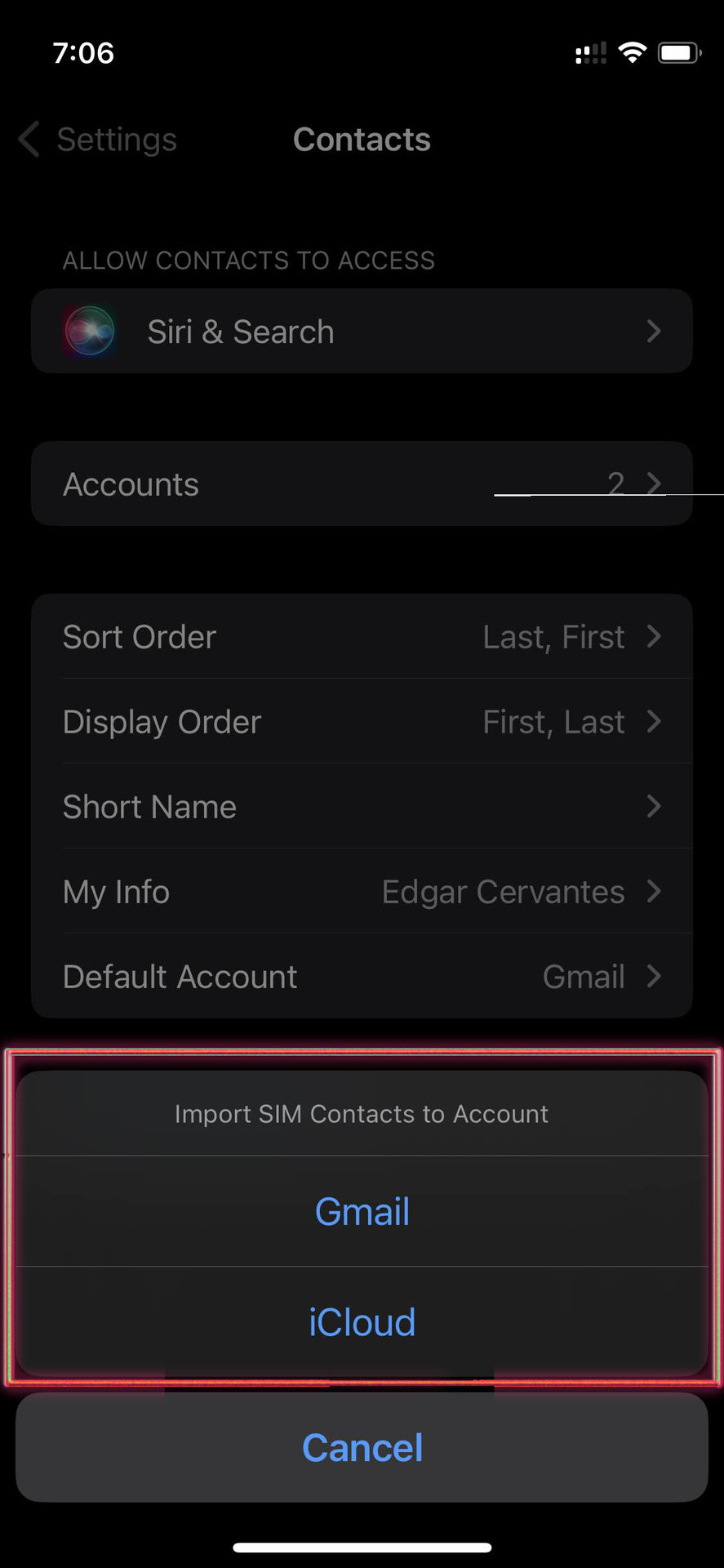 Import SIM card contacts on iPhone 3