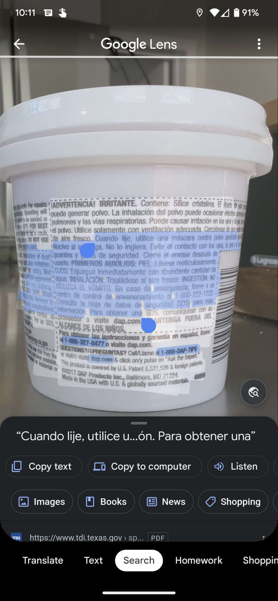 Live Translating Spanish text in Google Lens