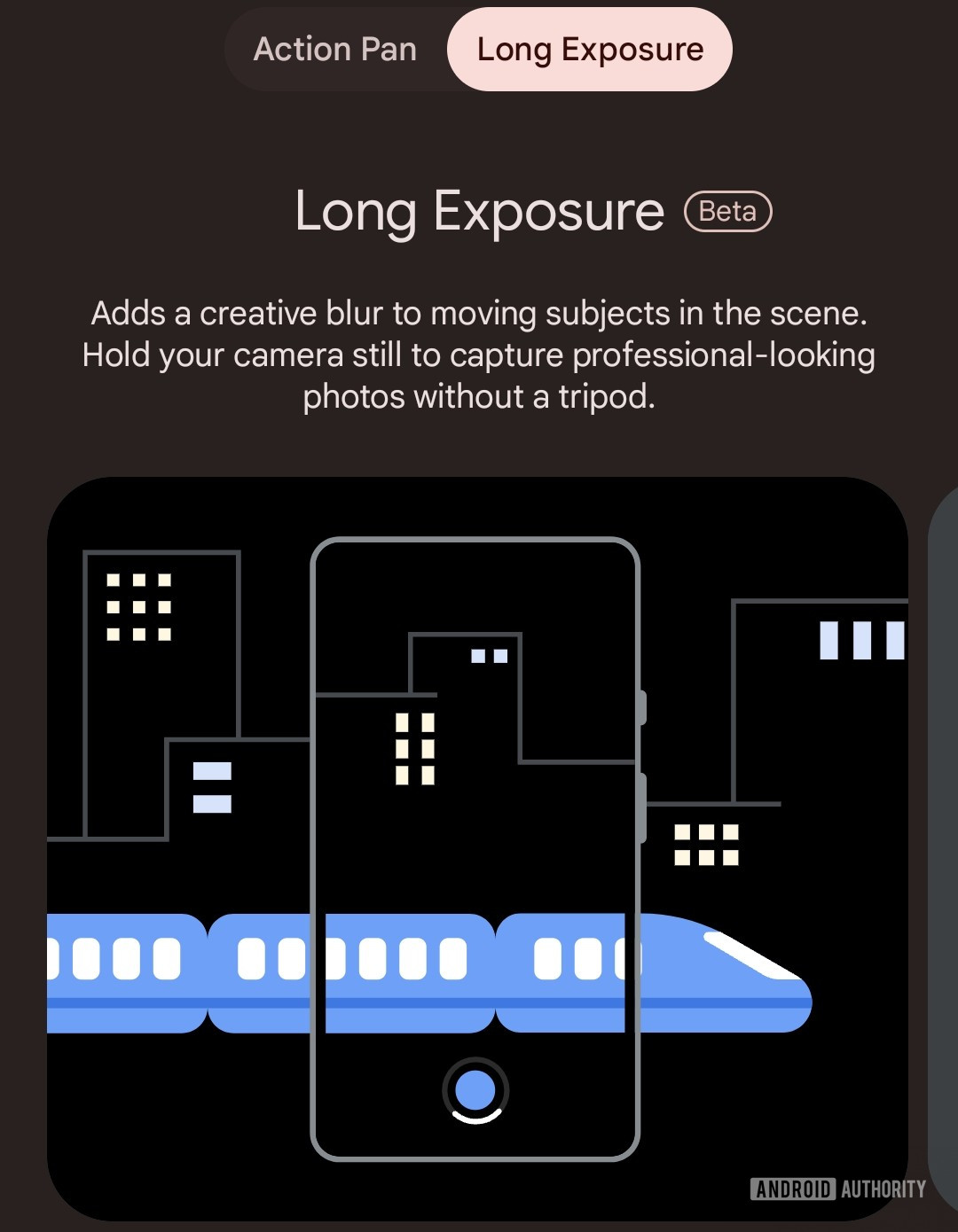 A screenshot of the Android 13 Long Exposure feature providing instructions on how to use it.