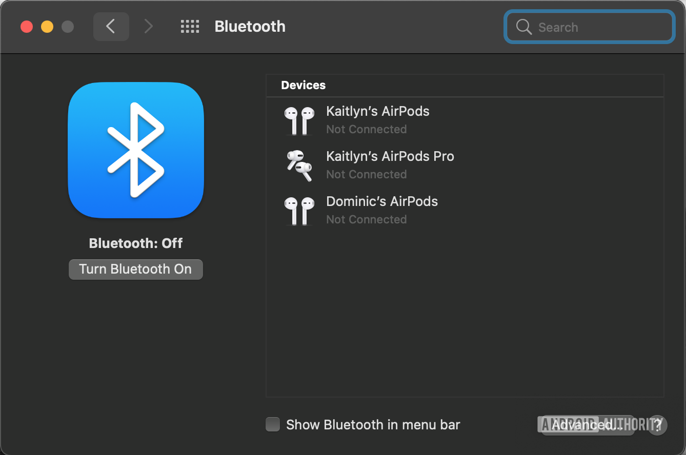 Una captura de pantalla de la ventana de configuración de Bluetooth de macOS.