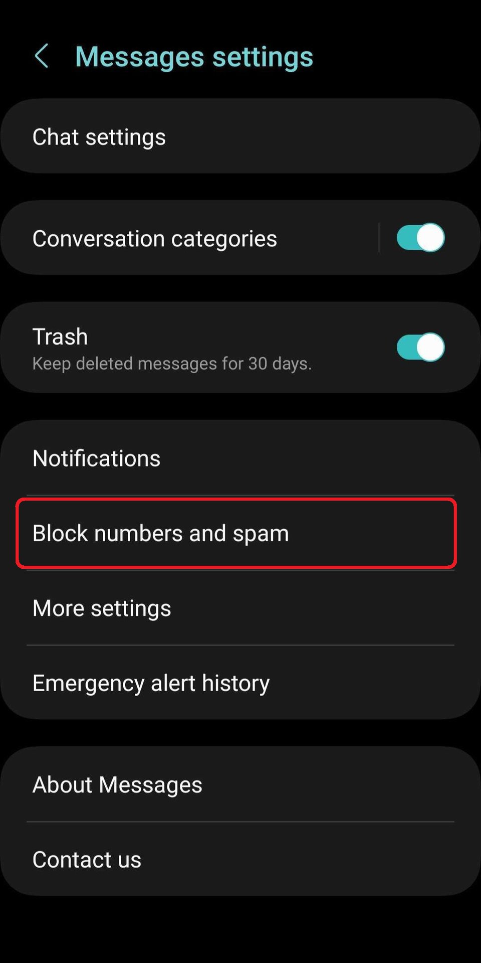 Messages Settings block