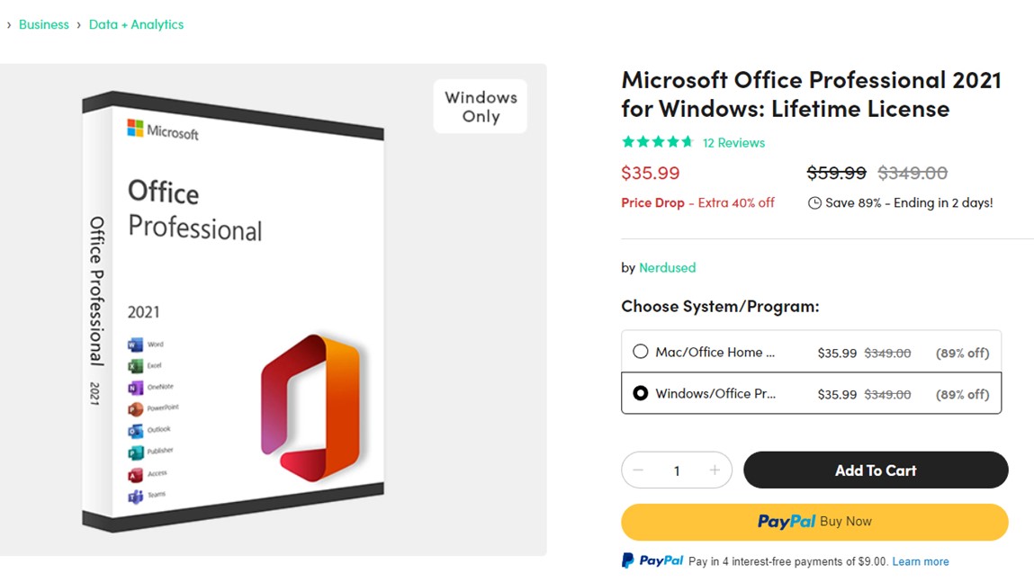 Windows లైఫ్‌టైమ్ లైసెన్స్ డీల్ కోసం Microsoft Office Professional 2021