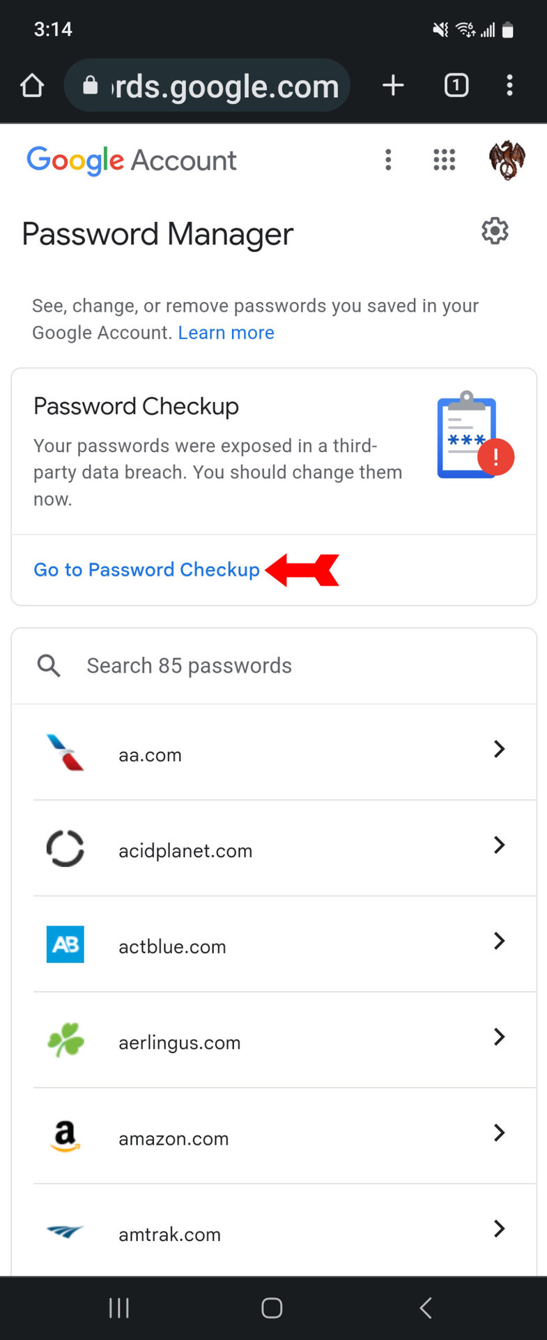 Saved Passwords Go to Password Checkup 1