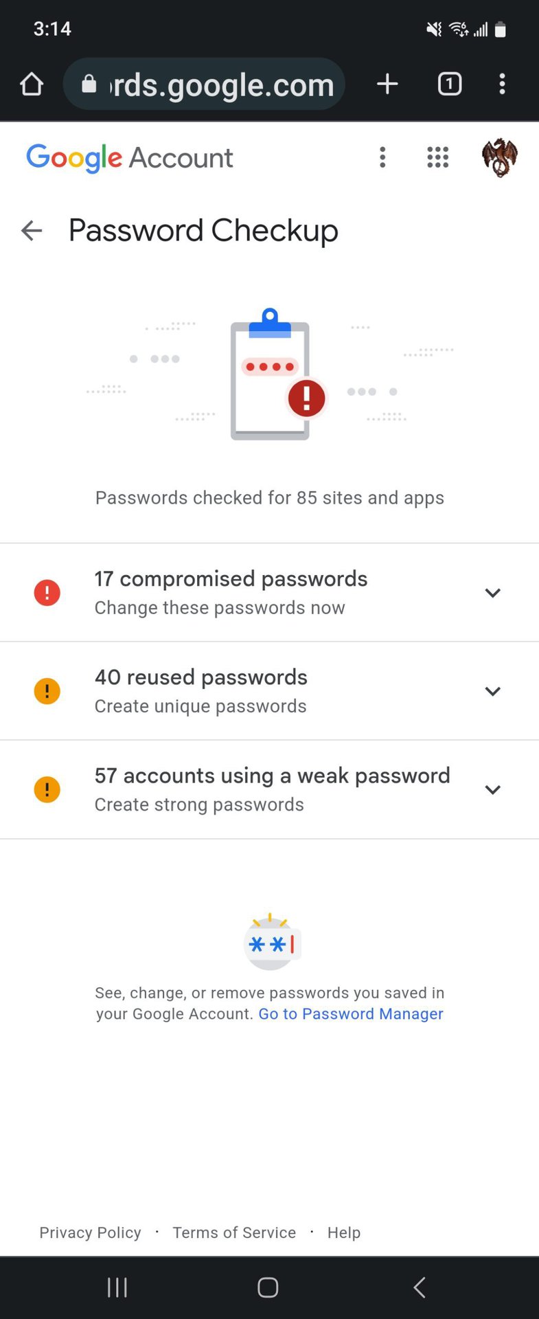 Saved Passwords Password Checkup Results