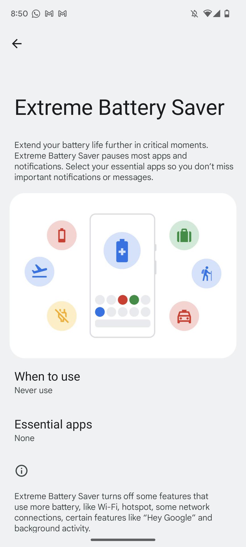 The Extreme Battery Saver menu on Google Pixel