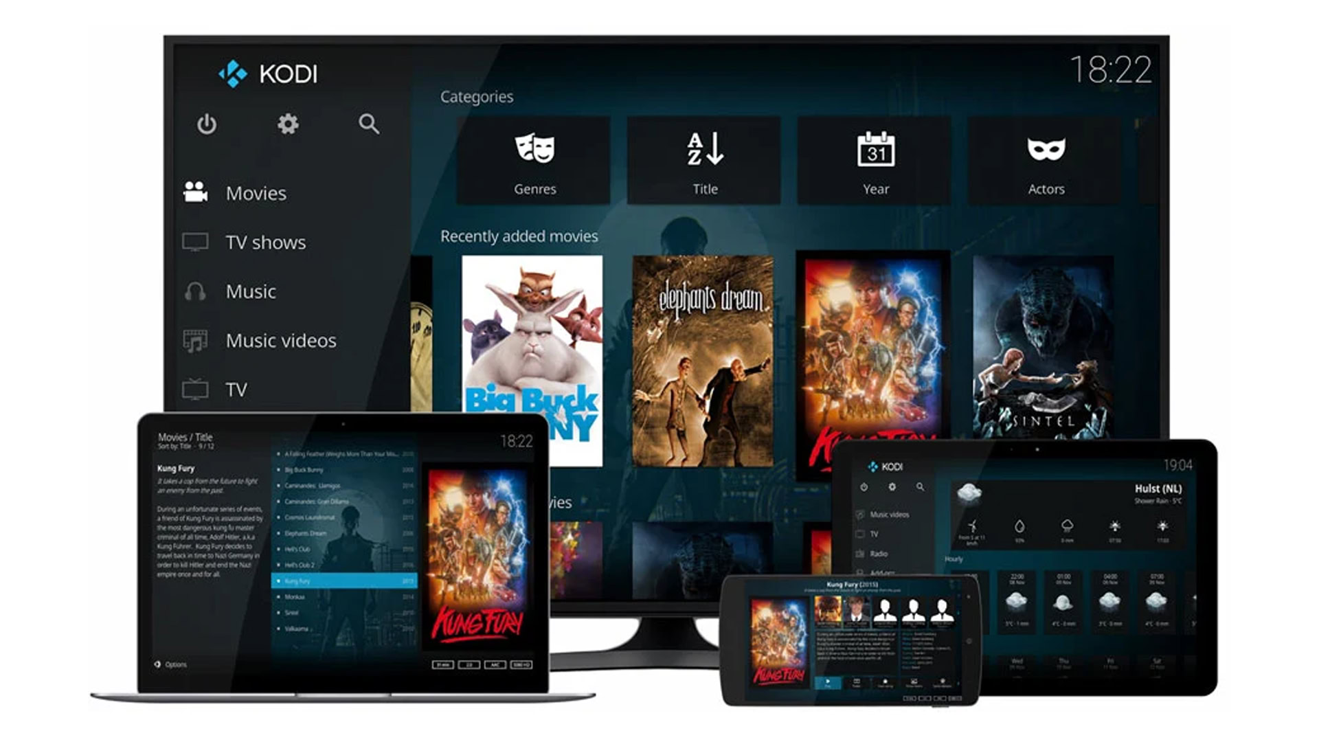 The Kodi app on multiple platforms