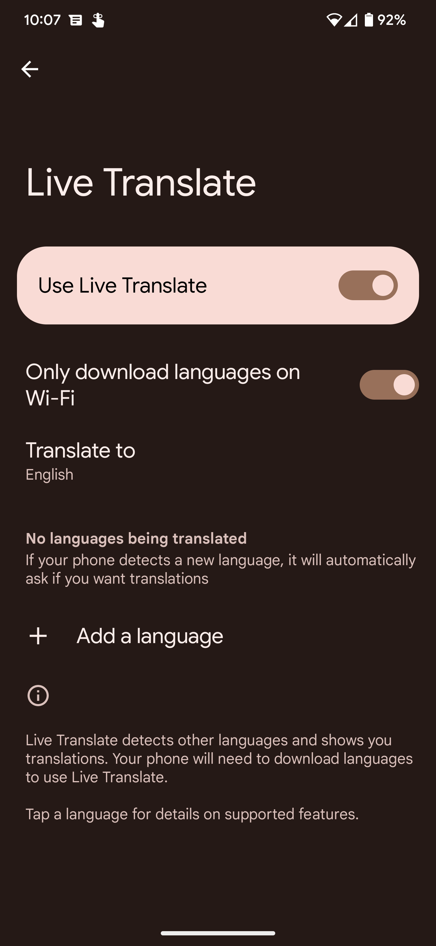 The Live Translate settings on a Google Pixel