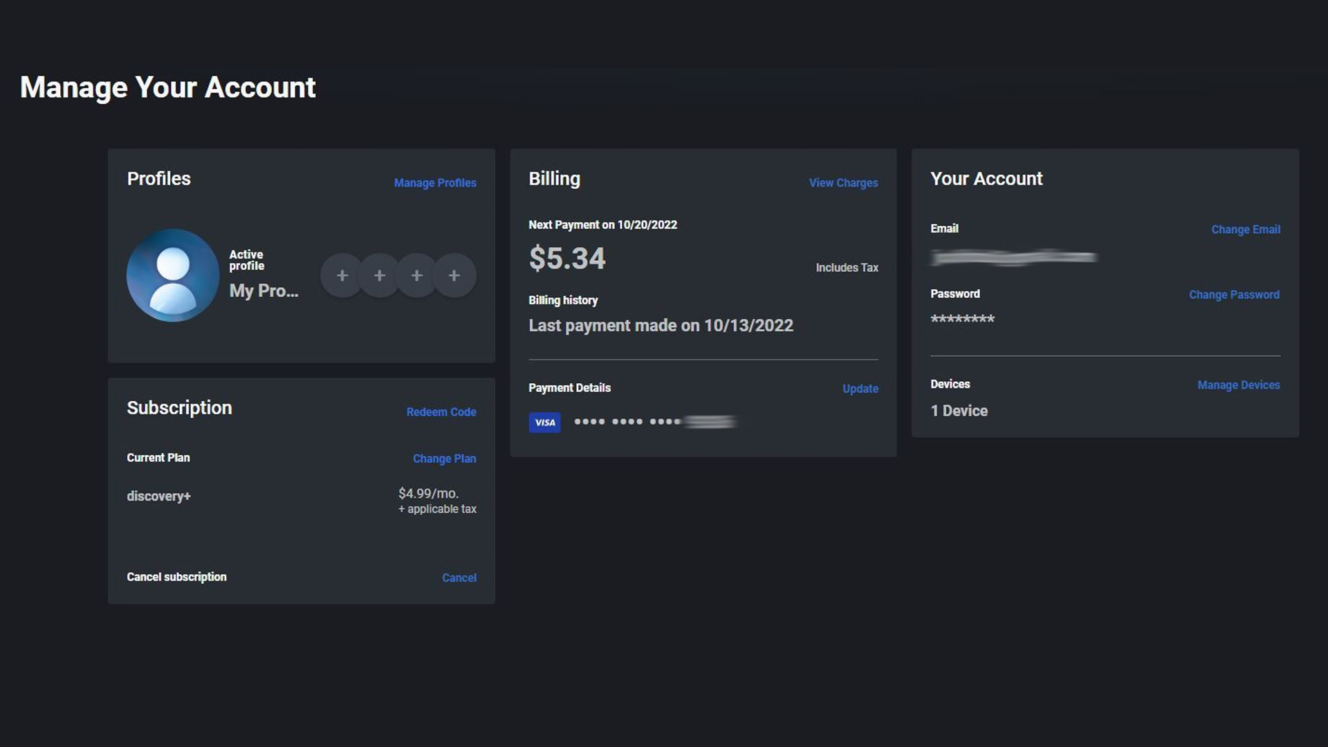 The Manage Your Account screen for Discovery Plus on the web