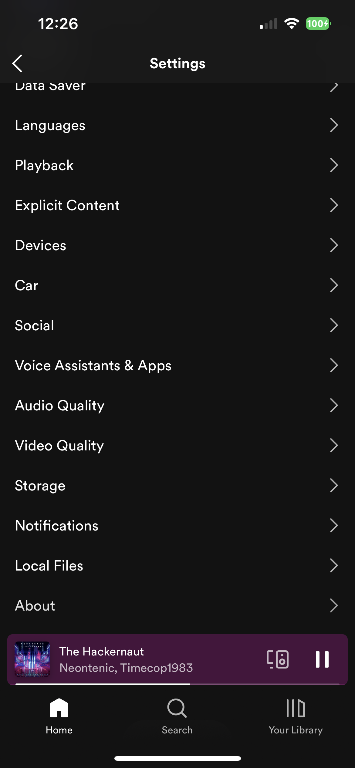 The Settings menu in the Spotify iPhone app