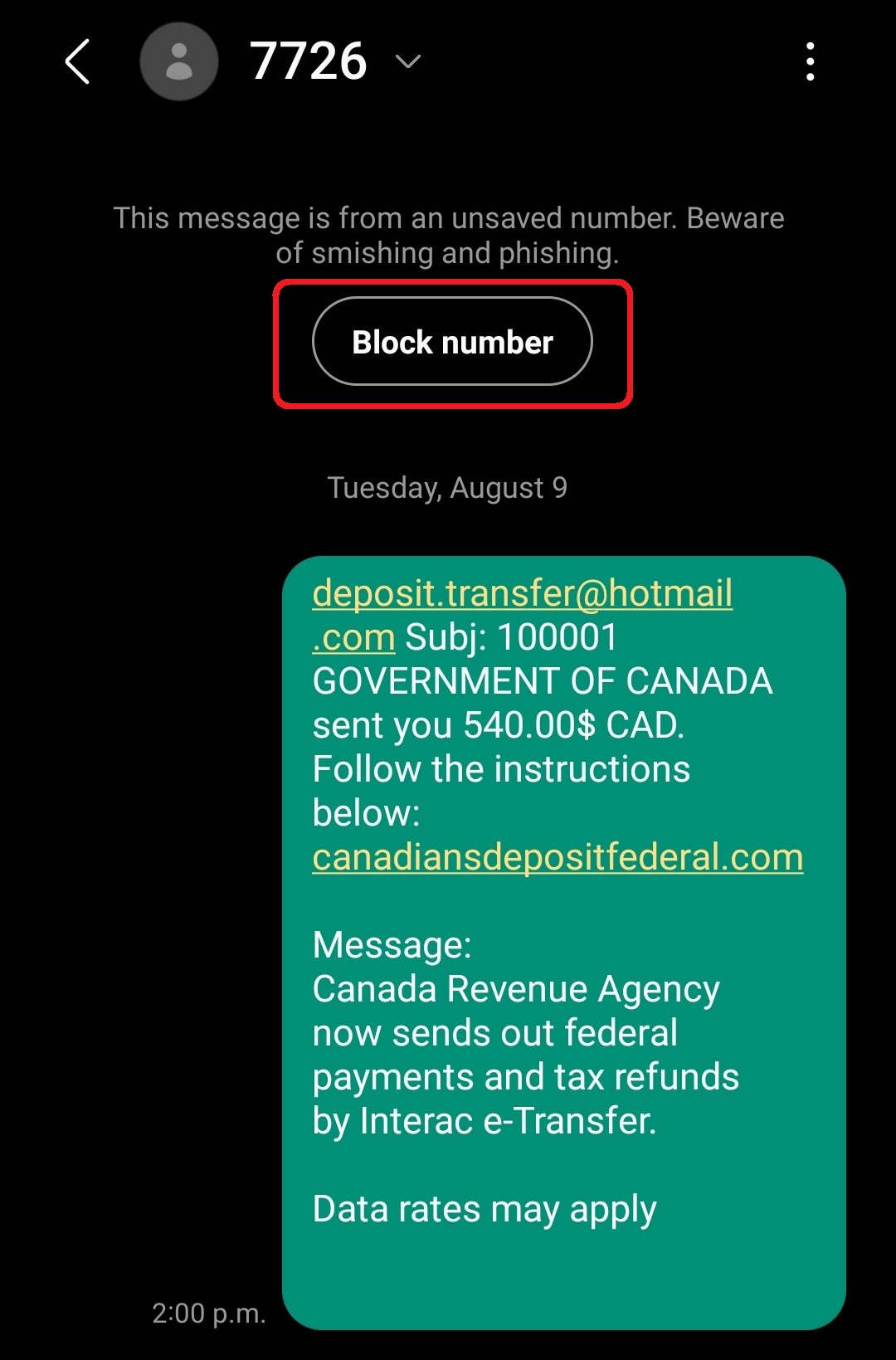 block number samsung messages