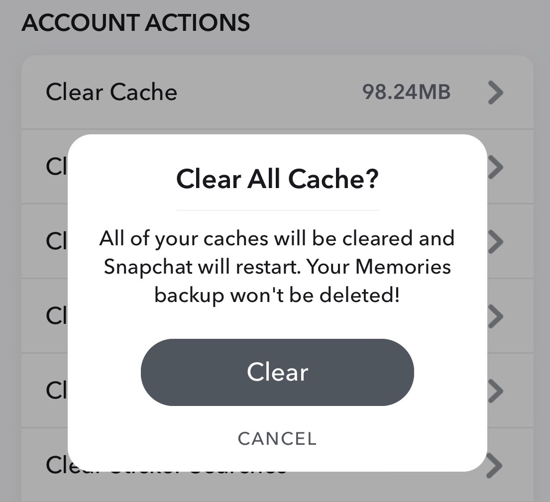 clear snapchat cache confirm