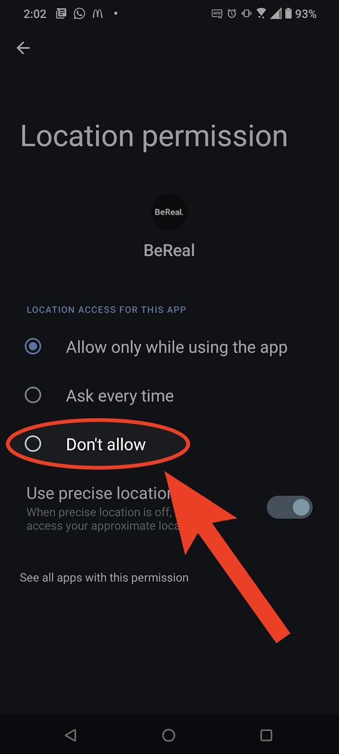 dont allow location settings bereal