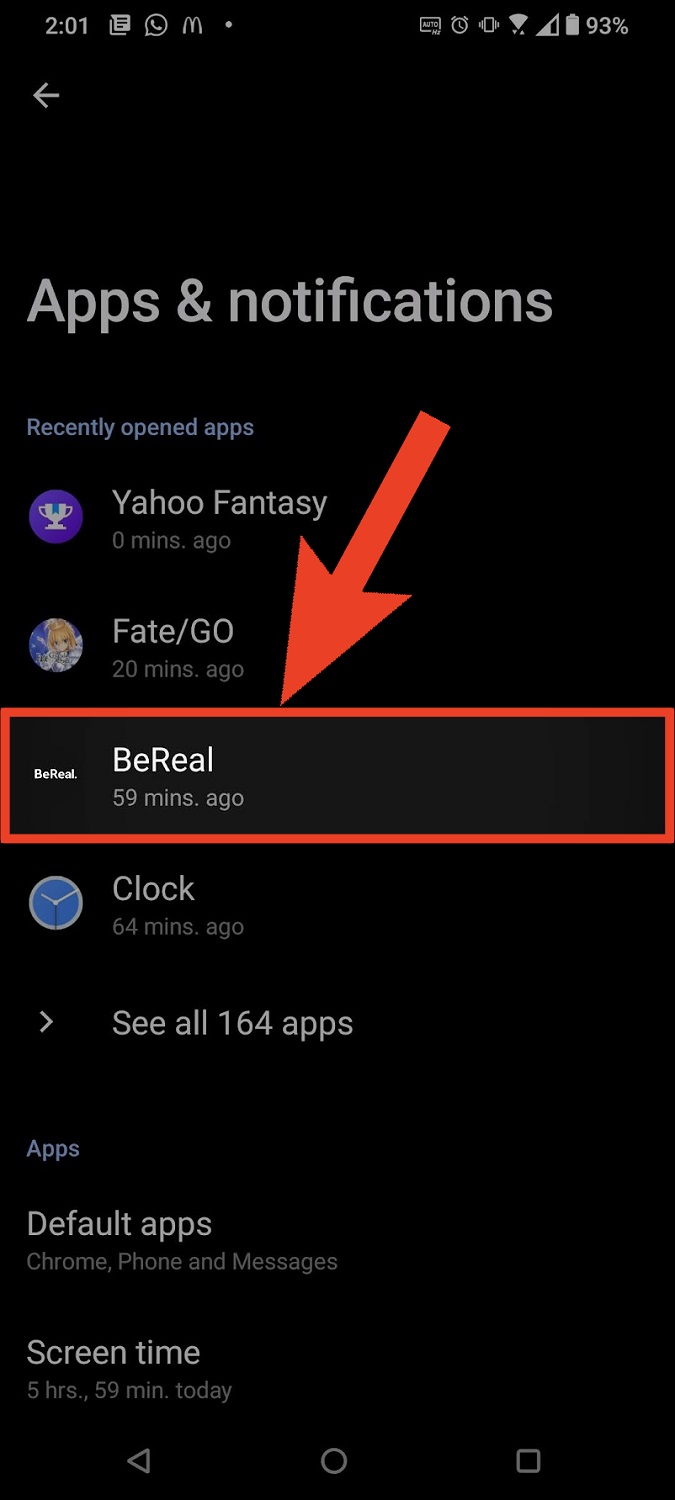 go to bereal in android settings
