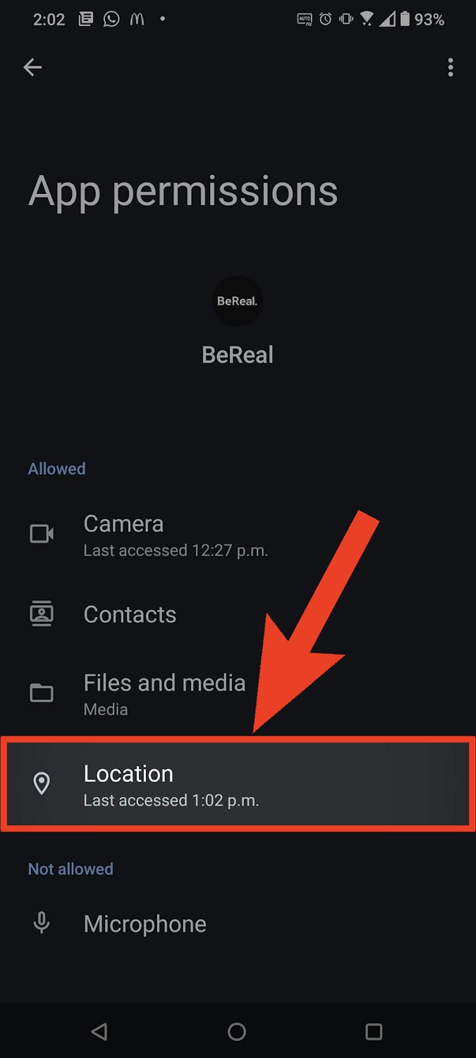 go to location bereal android settings