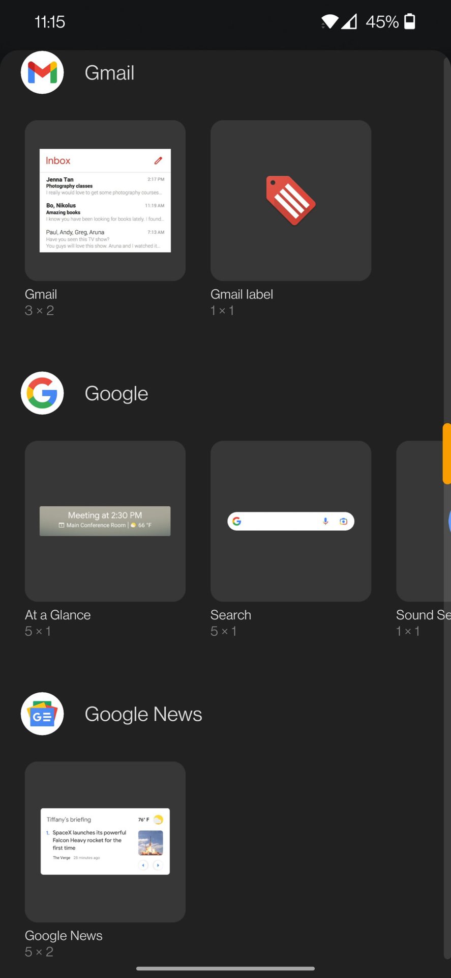 google en un coup d'oeil widget ajouter à partir de la liste