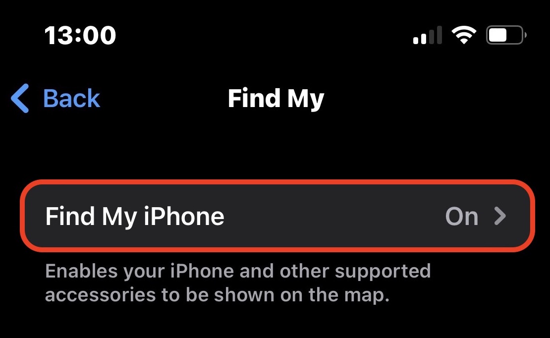 ios find my iphone toggle on