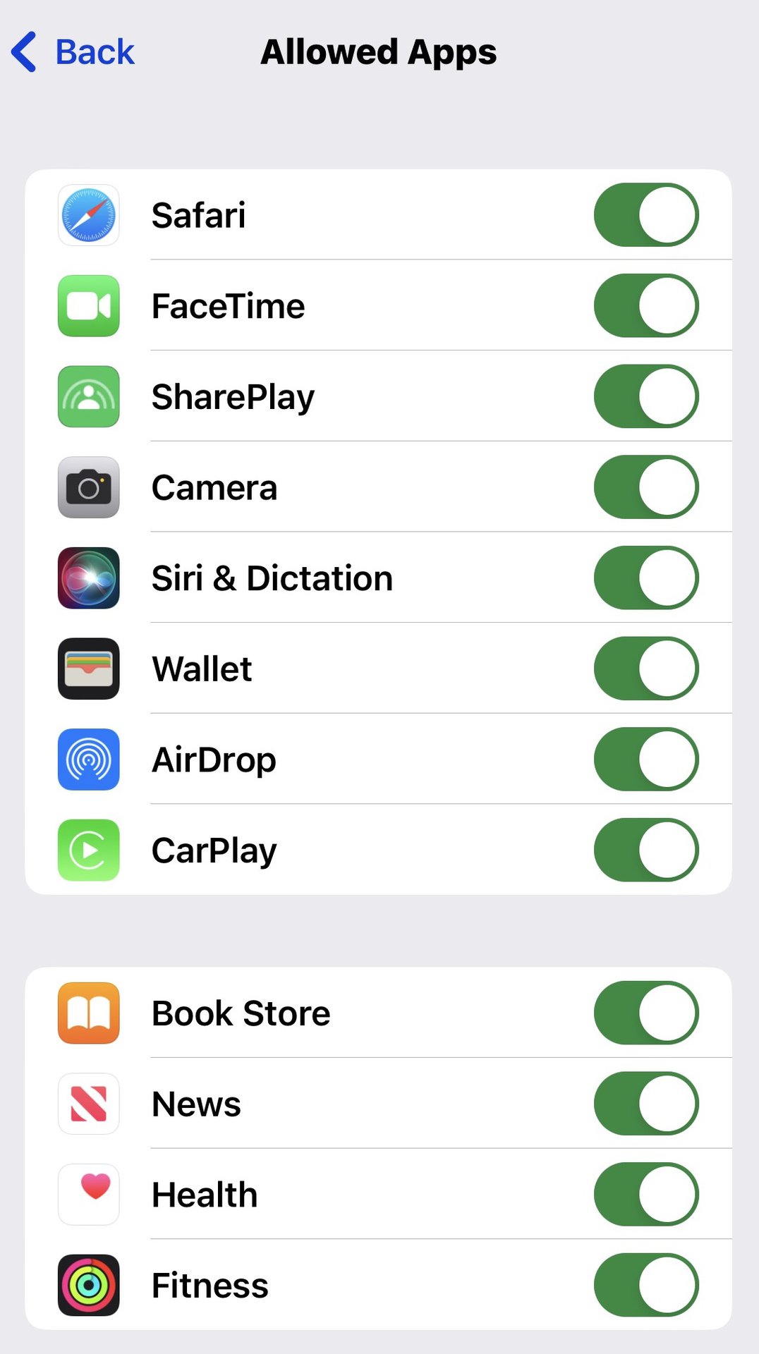 List of allowed iPhone apps apps