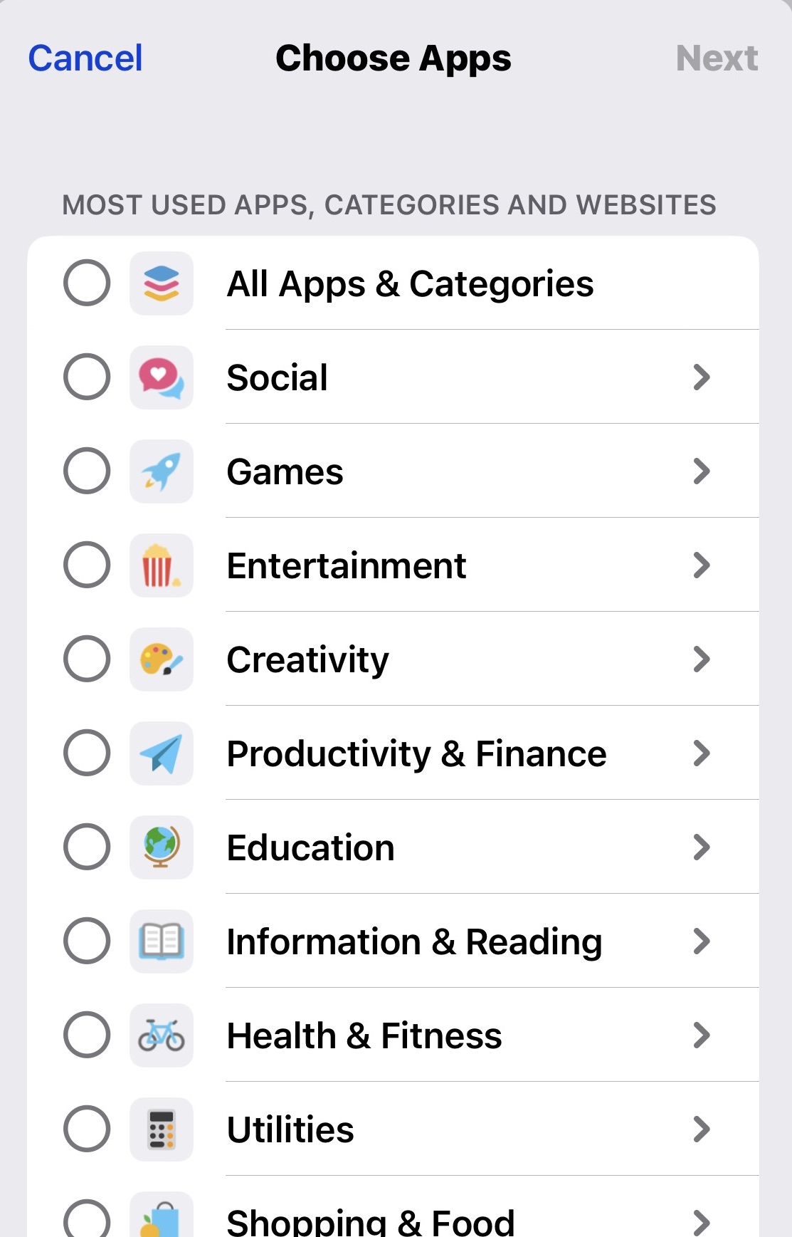 iphone app limits app list