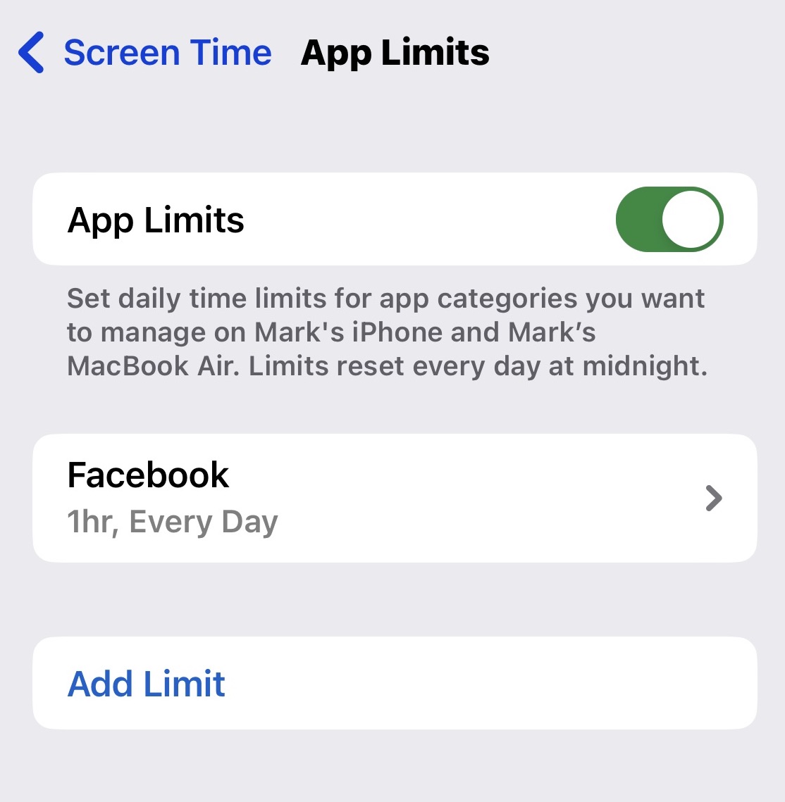 iphone app limits limit set