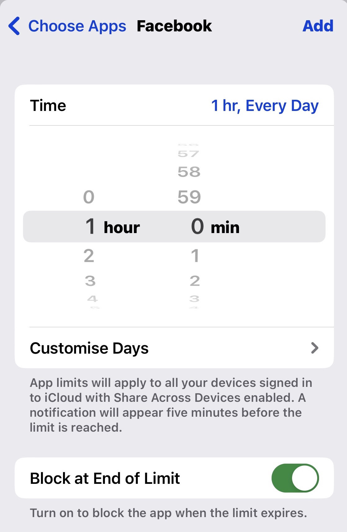 iphone app limits set time