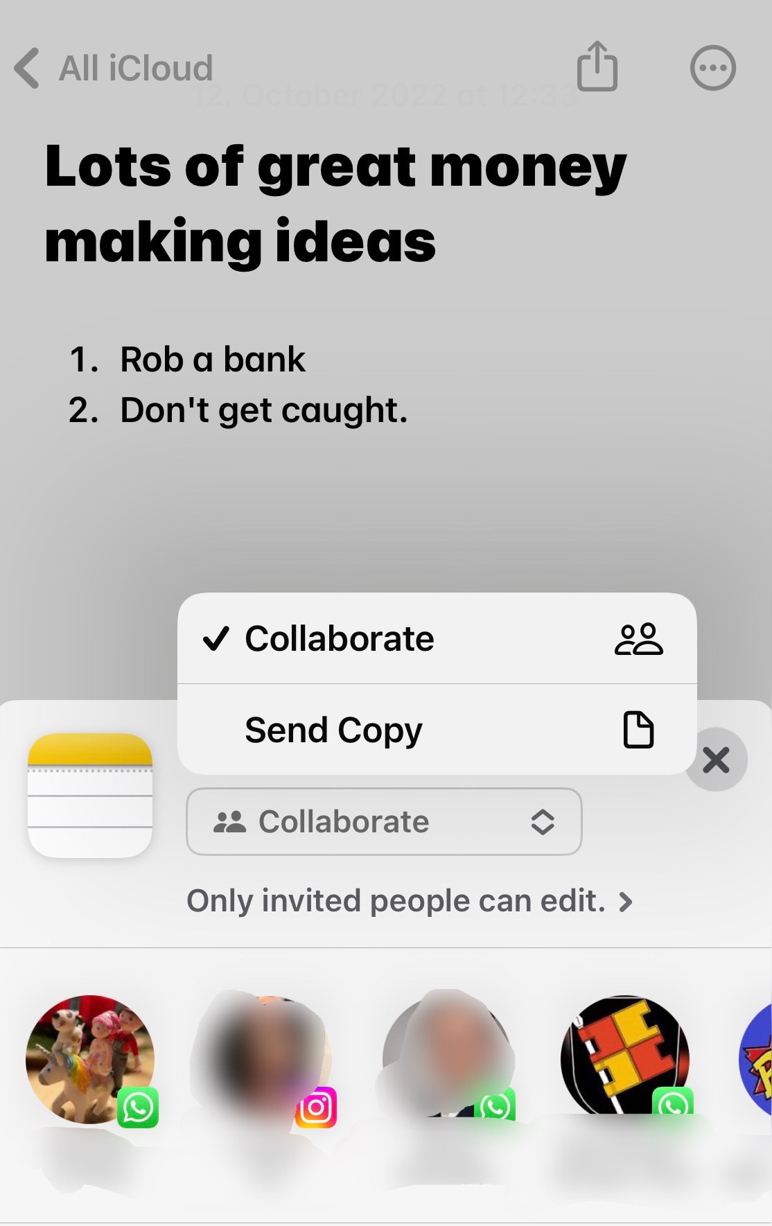 iphone note copy or collaborate