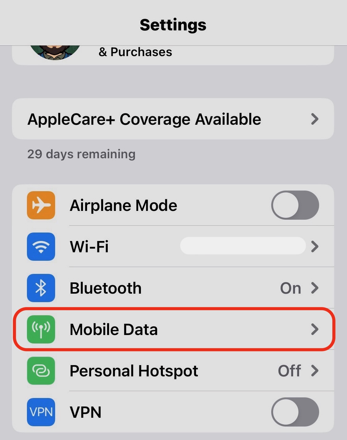 iphone settings mobile data